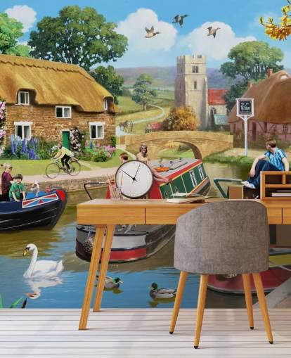 people and birds on canal with barges wallpaper