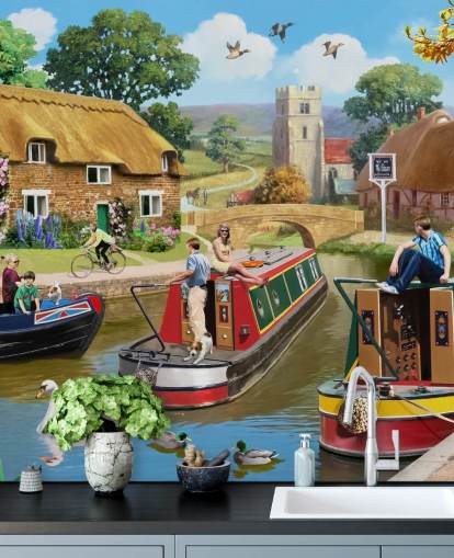 people and birds on canal with barges wallpaper