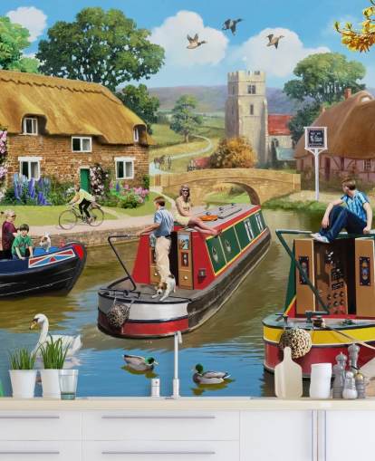 people and birds on canal with barges wallpaper