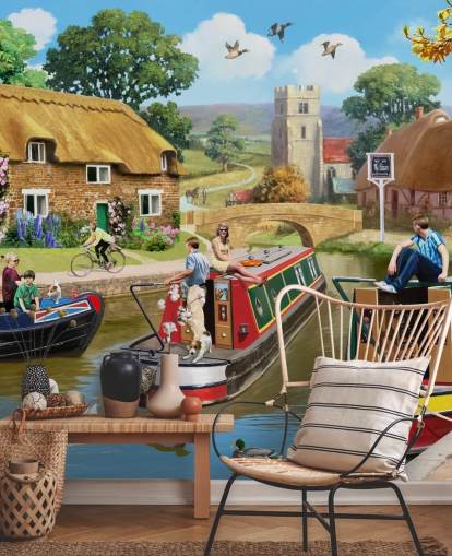 people and birds on canal with barges wallpaper