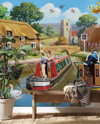 people and birds on canal with barges wallpaper