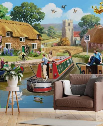 people and birds on canal with barges wallpaper