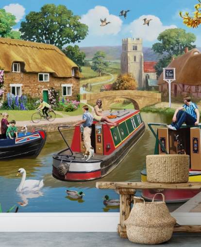 people and birds on canal with barges wallpaper