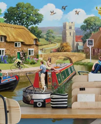 people and birds on canal with barges wallpaper people and birds on canal with barges wallpaper