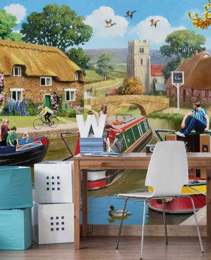 people and birds on canal with barges wallpaper