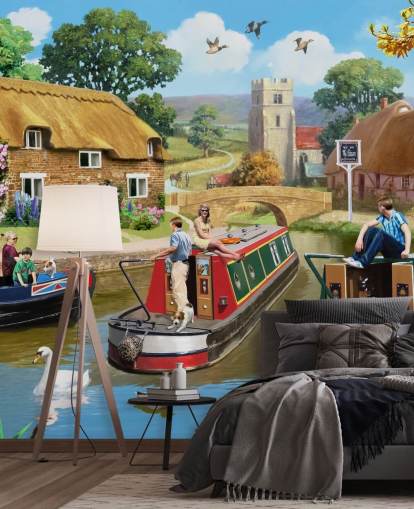 gens et oiseaux sur le canal avec des péniches papier peint gens et oiseaux sur le canal avec des péniches papier peint