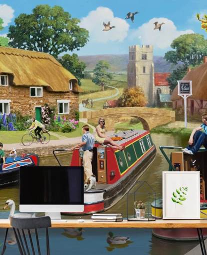 gens et oiseaux sur le canal avec des péniches papier peint