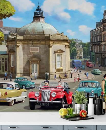 retro geklede mensen in oude stad in verleden behang