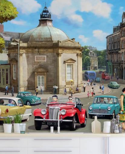 retro geklede mensen in oude stad in verleden behang