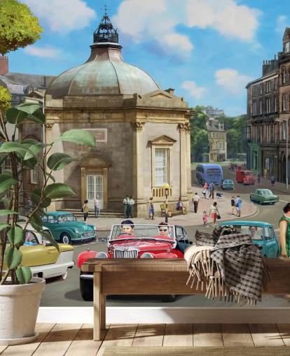 retro kledd folk i gamlebyen i tidligere tapet