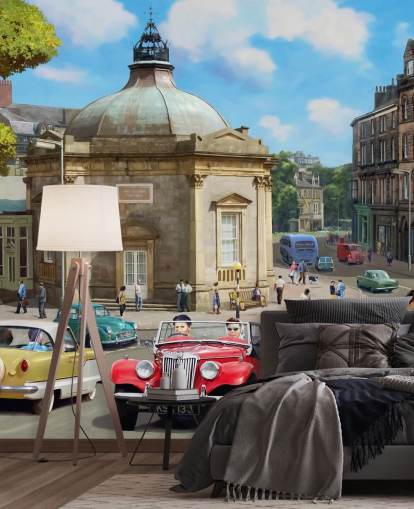 retro kledd folk i gamlebyen i tidligere tapet