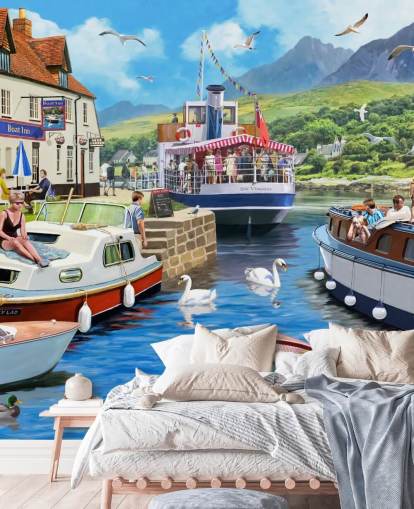 fondo de pantalla de barcos en un lago por pub y montañas fondo de pantalla de barcos en un lago por pub y montañas