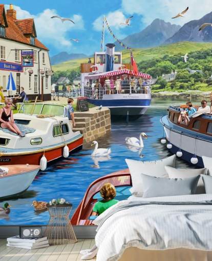 boats on a loch by pub and mountains wallpaper