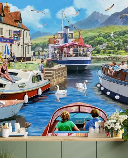 boats on a loch by pub and mountains wallpaper