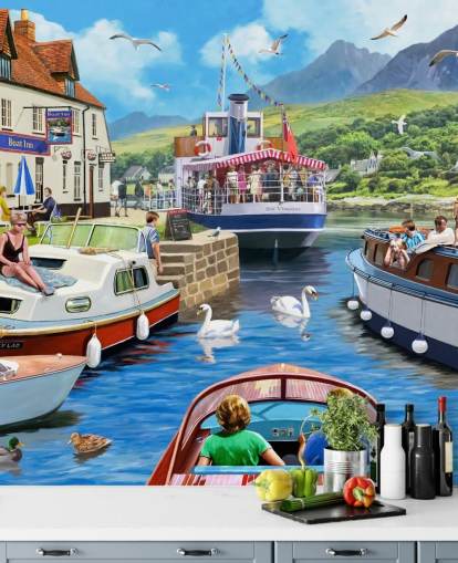 boats on a loch by pub and mountains wallpaper