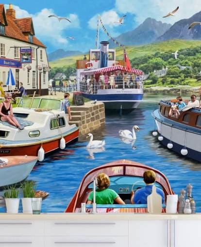 Boote auf einem Loch von Pub und Bergen Tapete Boote auf einem Loch von Pub und Bergen Tapete