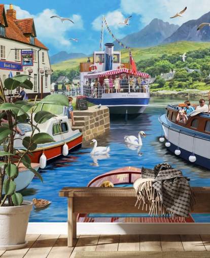 Boote auf einem Loch von Pub und Bergen Tapete