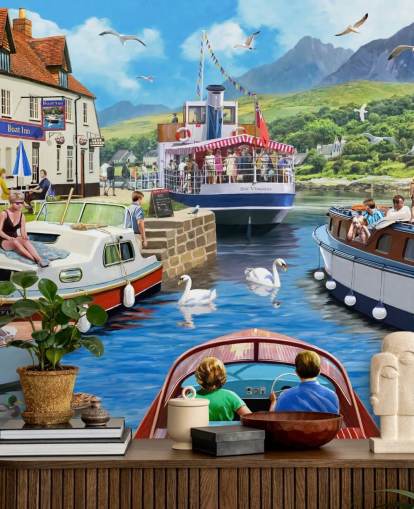 Boote auf einem Loch von Pub und Bergen Tapete