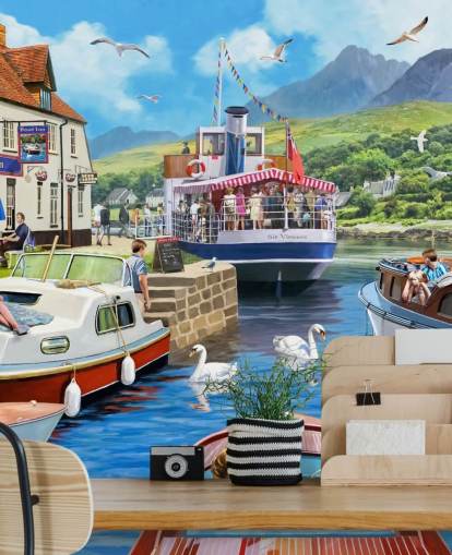 boats on a loch by pub and mountains wallpaper