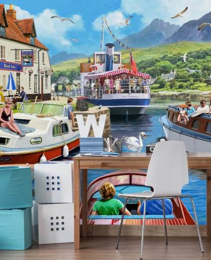 boats on a loch by pub and mountains wallpaper