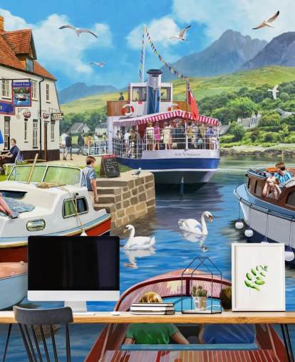 Boote auf einem Loch von Pub und Bergen Tapete