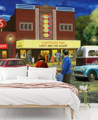 old cinema by street and family about to go in wallpaper