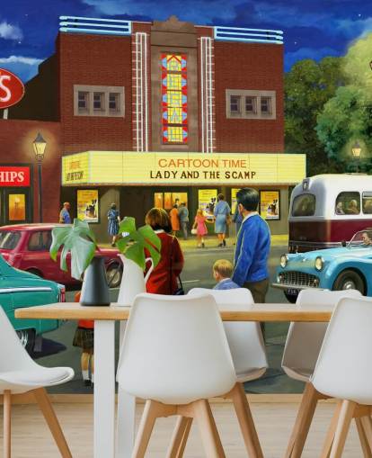 old cinema by street and family about to go in wallpaper