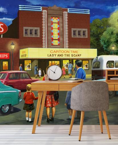 old cinema by street and family about to go in wallpaper