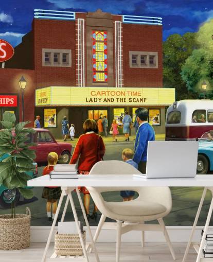 old cinema by street and family about to go in wallpaper