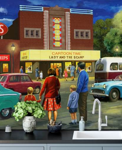 old cinema by street and family about to go in wallpaper