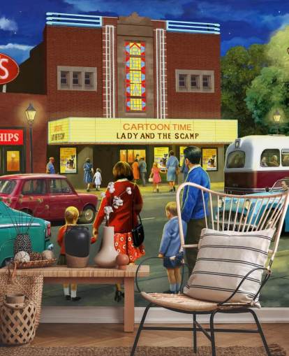 old cinema by street and family about to go in wallpaper