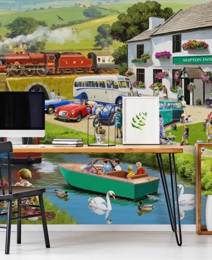 mensen in de yorkshire dales door kanaal en heuvels behang