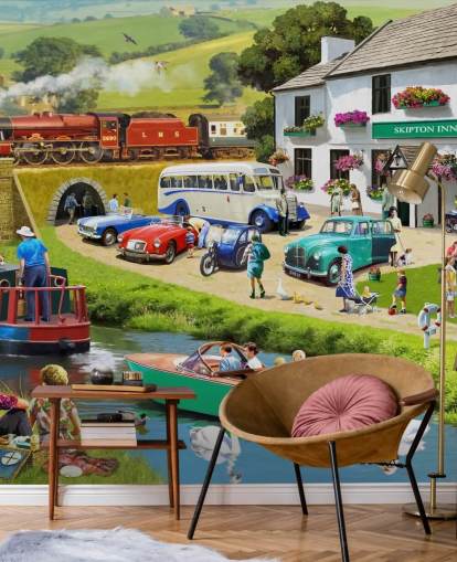 mensen in de yorkshire dales door kanaal en heuvels behang