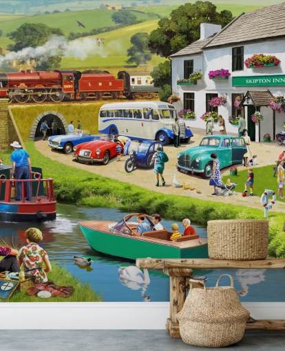 mensen in de yorkshire dales door kanaal en heuvels behang