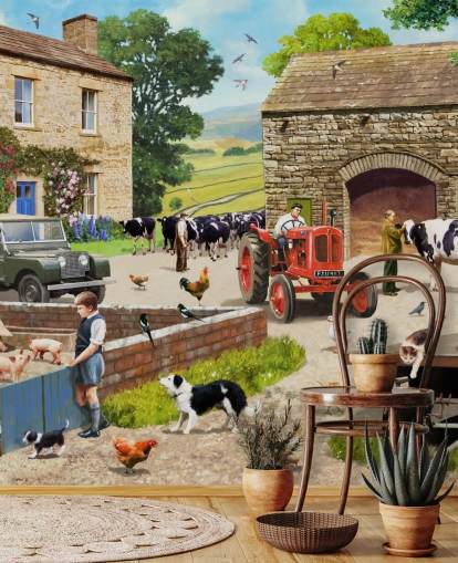 cour de ferme avec tracteur rouge, vaches, papier peint enfants