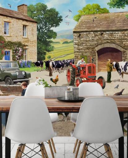 cour de ferme avec tracteur rouge, vaches, papier peint enfants cour de ferme avec tracteur rouge, vaches, papier peint enfants