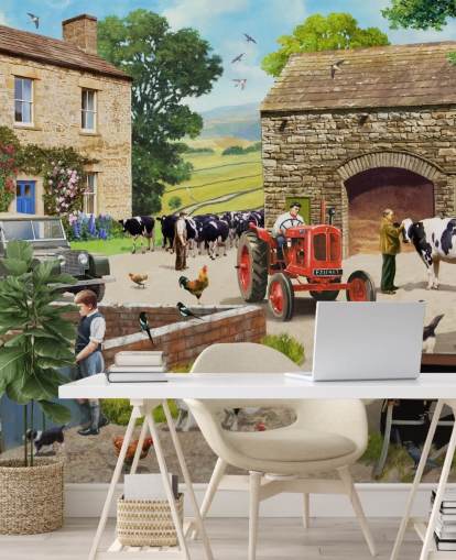 farm yard with red tractor, cows, children wallpaper