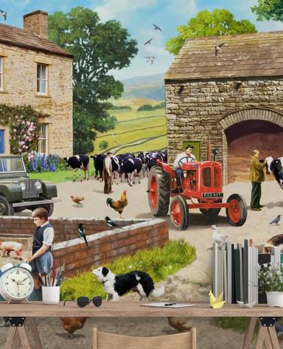 farm yard with red tractor, cows, children wallpaper farm yard with red tractor, cows, children wallpaper