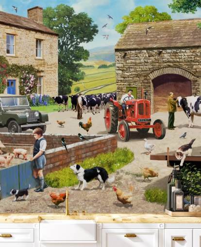 quintal com trator vermelho, vacas, papel de parede infantil quintal com trator vermelho, vacas, papel de parede infantil