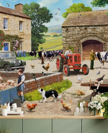 farm yard with red tractor, cows, children wallpaper