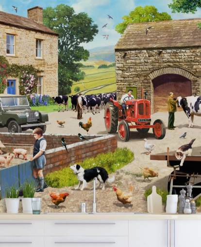 farm yard with red tractor, cows, children wallpaper