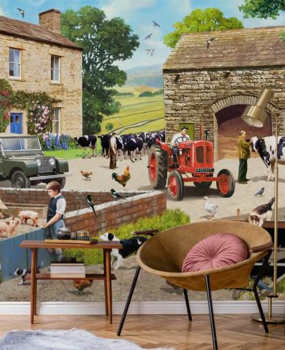 farm yard with red tractor, cows, children wallpaper