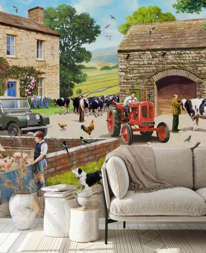 farm yard with red tractor, cows, children wallpaper