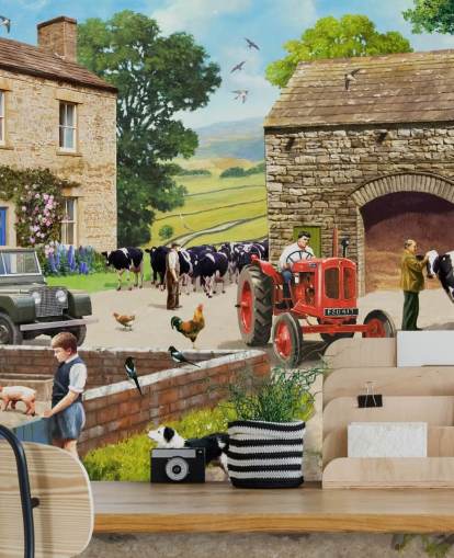 farm yard with red tractor, cows, children wallpaper