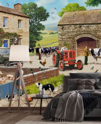 farm yard with red tractor, cows, children wallpaper farm yard with red tractor, cows, children wallpaper