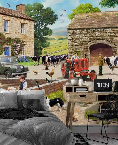 farm yard with red tractor, cows, children wallpaper