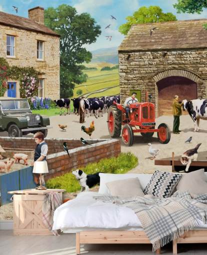 farm yard with red tractor, cows, children wallpaper