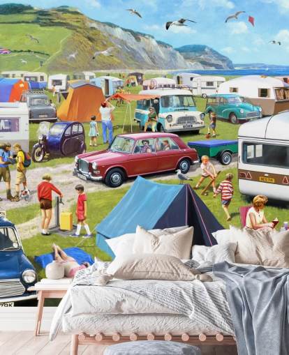 cars and tents parked by coast with people sunbathing wallpaper