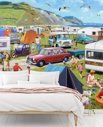 coches y tiendas aparcados por la costa con gente tomando el sol papel pintado