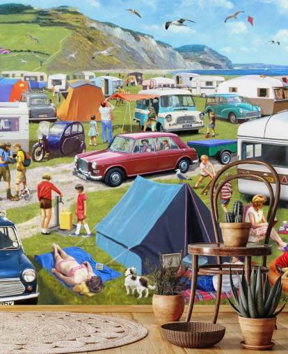 cars and tents parked by coast with people sunbathing wallpaper